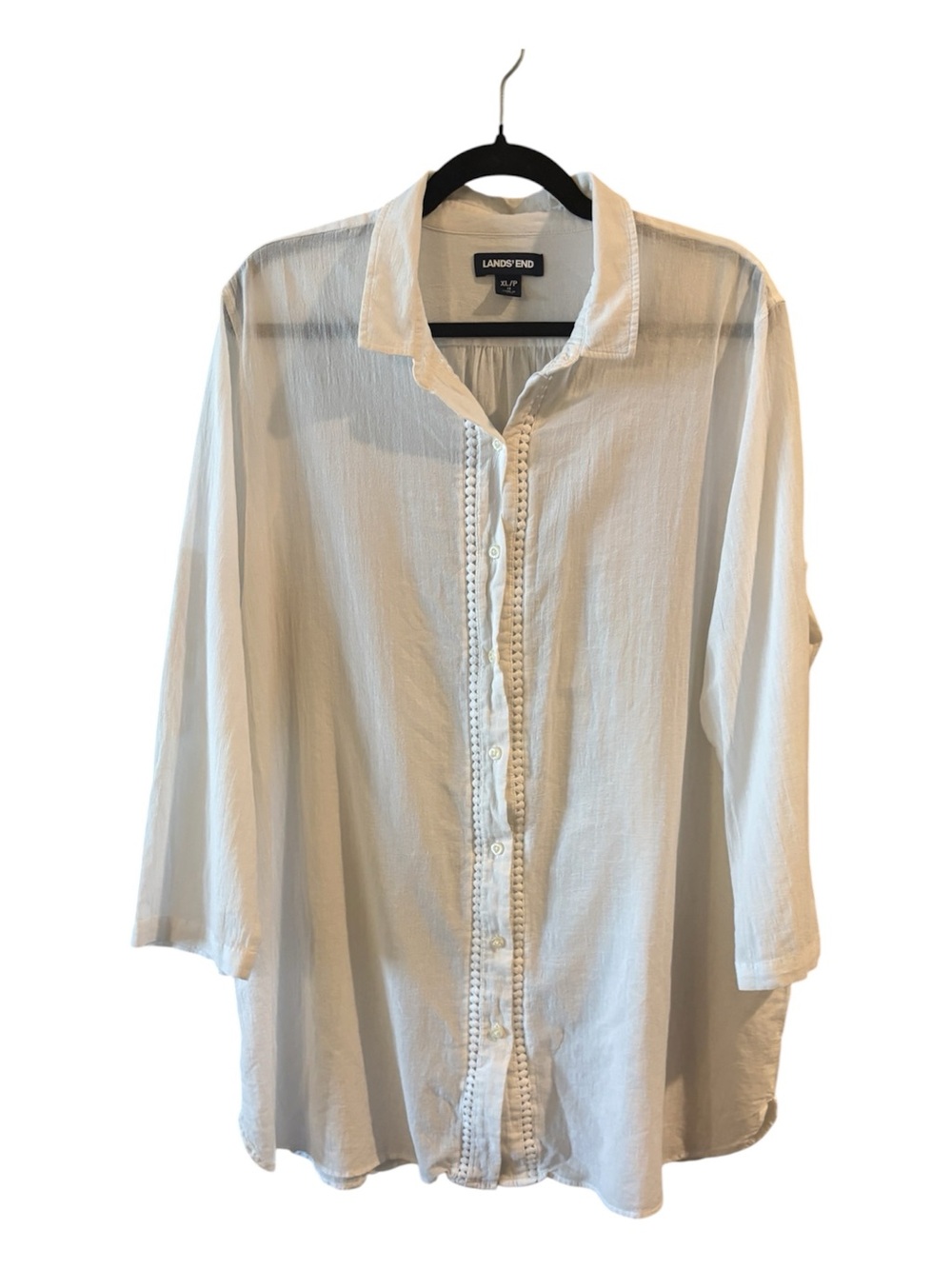 Lands’ End White  Sheer Tunic Blouse XL Petite Crochet Trim Button Front Top